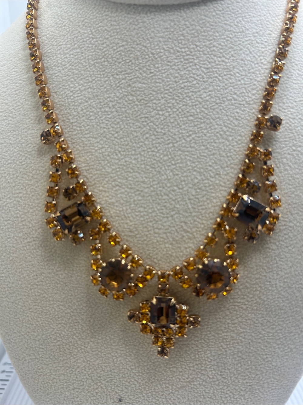 Vintage Fall Gold and Amber Crystal Bib Necklace